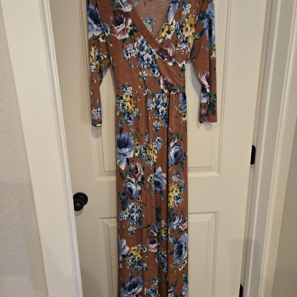 Emerald Floral Long Sleeve Dress - Brown and Blue